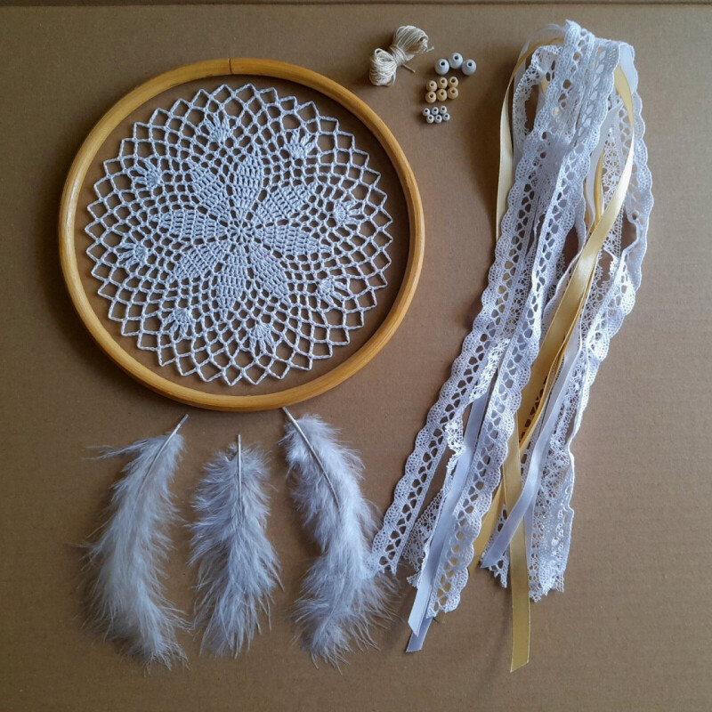 Lapač snů BÍLÝ+ bambus - sada k sestavení (20 cm)